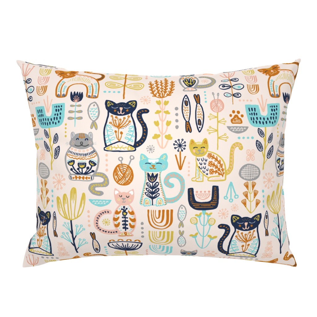 Sweet Scandi Cats // Felines + Florals in Blush, Copper, Goldenrod, Pool Blue, Navy, and Stone // Scandinavian Flowers, Cats, Yarn, Fish, Leaves, Botanicals, Knitting, Nordic, Hygge, Starburst, Geometric, Kitties