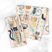 Sweet Scandi Cats // Felines + Florals in Blush, Copper, Goldenrod, Pool Blue, Navy, and Stone // Scandinavian Flowers, Cats, Yarn, Fish, Leaves, Botanicals, Knitting, Nordic, Hygge, Starburst, Geometric, Kitties