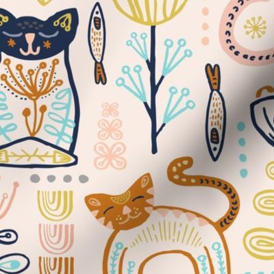 Sweet Scandi Cats // Felines + Florals in Blush, Copper, Goldenrod, Pool Blue, Navy, and Stone // Scandinavian Flowers, Cats, Yarn, Fish, Leaves, Botanicals, Knitting, Nordic, Hygge, Starburst, Geometric, Kitties