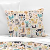 Sweet Scandi Cats // Felines + Florals in Blush, Copper, Goldenrod, Pool Blue, Navy, and Stone // Scandinavian Flowers, Cats, Yarn, Fish, Leaves, Botanicals, Knitting, Nordic, Hygge, Starburst, Geometric, Kitties