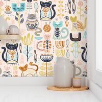 Sweet Scandi Cats // Felines + Florals in Blush, Copper, Goldenrod, Pool Blue, Navy, and Stone // Scandinavian Flowers, Cats, Yarn, Fish, Leaves, Botanicals, Knitting, Nordic, Hygge, Starburst, Geometric, Kitties