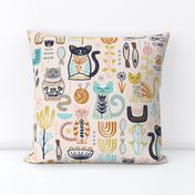 Sweet Scandi Cats // Felines + Florals in Blush, Copper, Goldenrod, Pool Blue, Navy, and Stone // Scandinavian Flowers, Cats, Yarn, Fish, Leaves, Botanicals, Knitting, Nordic, Hygge, Starburst, Geometric, Kitties