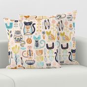 Sweet Scandi Cats // Felines + Florals in Blush, Copper, Goldenrod, Pool Blue, Navy, and Stone // Scandinavian Flowers, Cats, Yarn, Fish, Leaves, Botanicals, Knitting, Nordic, Hygge, Starburst, Geometric, Kitties