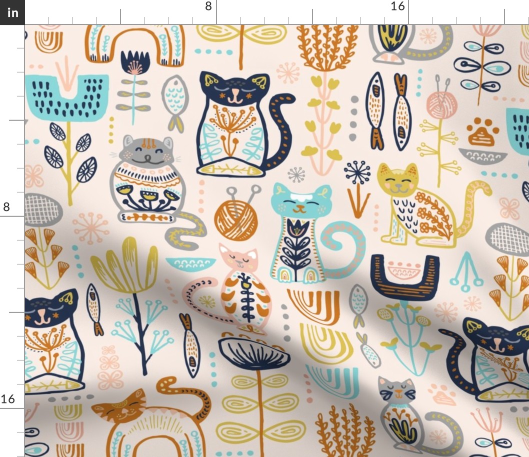 Sweet Scandi Cats // Felines + Florals in Blush, Copper, Goldenrod, Pool Blue, Navy, and Stone // Scandinavian Flowers, Cats, Yarn, Fish, Leaves, Botanicals, Knitting, Nordic, Hygge, Starburst, Geometric, Kitties