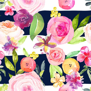 Spring Watercolor Floral with Navy Stripe