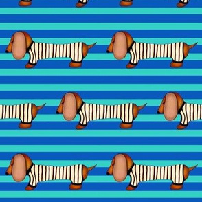 Sausage Stripe / Dachshund (dogs) in stripes on stripes - Turquoise and Blue  