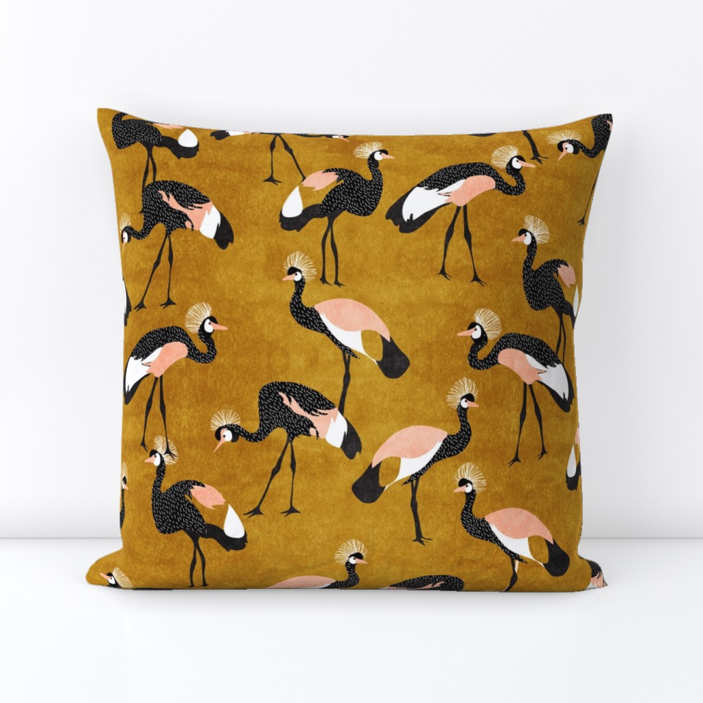 crowned cranes - mustard, black & peach