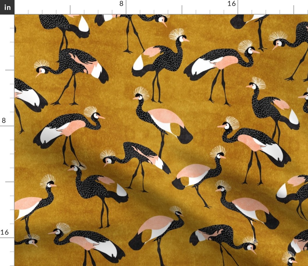 crowned cranes - mustard, black & peach
