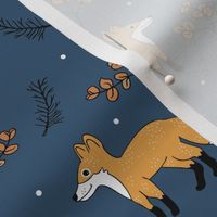 Little Fox forest love autumn and winter wonderland Christmas design gender neutral navy blue honey