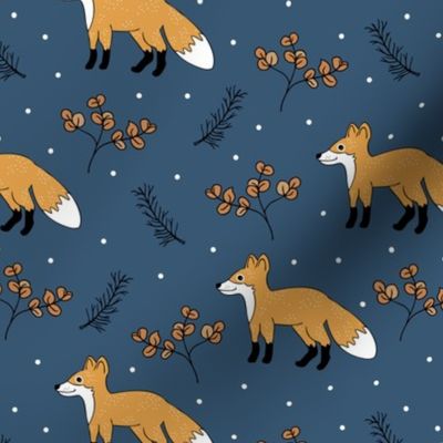 Little Fox forest love autumn and winter wonderland Christmas design gender neutral navy blue honey