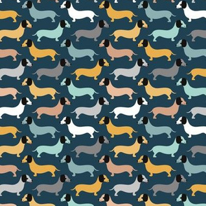 Vintage winter doxie sausage dogs dachshund illustration pattern navy blue caramel gray boys