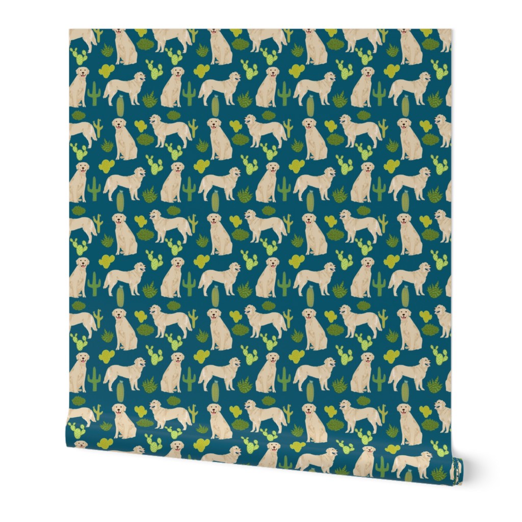 TINY - golden retriever cactus fabric - navy - golden retriever fabric, cactus fabric, cacti,