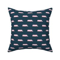Sweet American school bus traffic design for back to school fabric and fashion pink night navy blue girls
