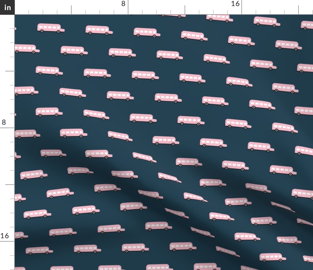 Sweet American school bus traffic design for back to school fabric and fashion pink night navy blue girls