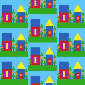 Wood Block Houses,  Primary colors, red, blue, green, yellow