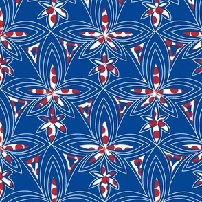 geometric flowers blue-red polka dots