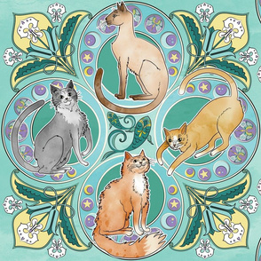 Art Nouveau Cats in Turquoise