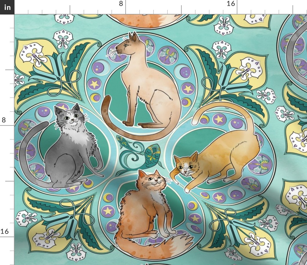 Art Nouveau Cats in Turquoise