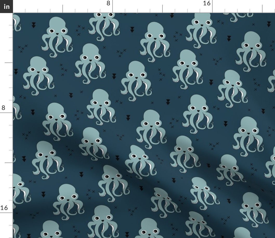 Octopus waters sweet sea life animals and geometric details winter stone blue navy boys