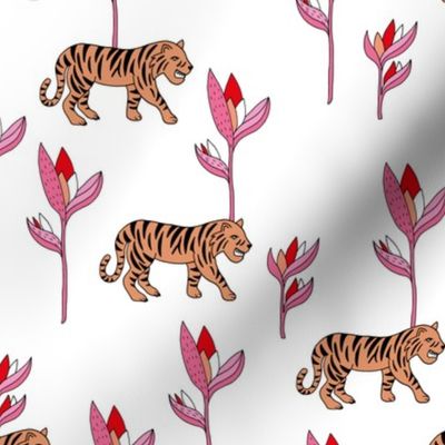 Tiger jungle and birds of paradise safari summer pink red girls