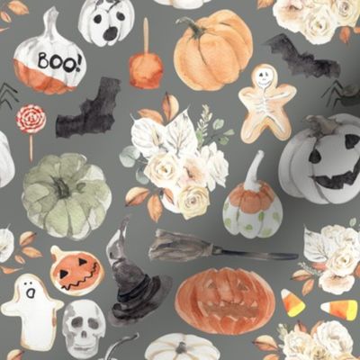 8" Spooky Little Halloween // Gray - Watercolor Ghost, Floral, Pumpkins, Cute