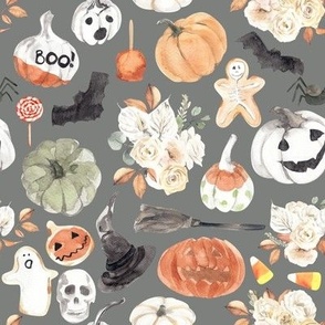 8" Spooky Little Halloween // Gray - Watercolor Ghost, Floral, Pumpkins, Cute