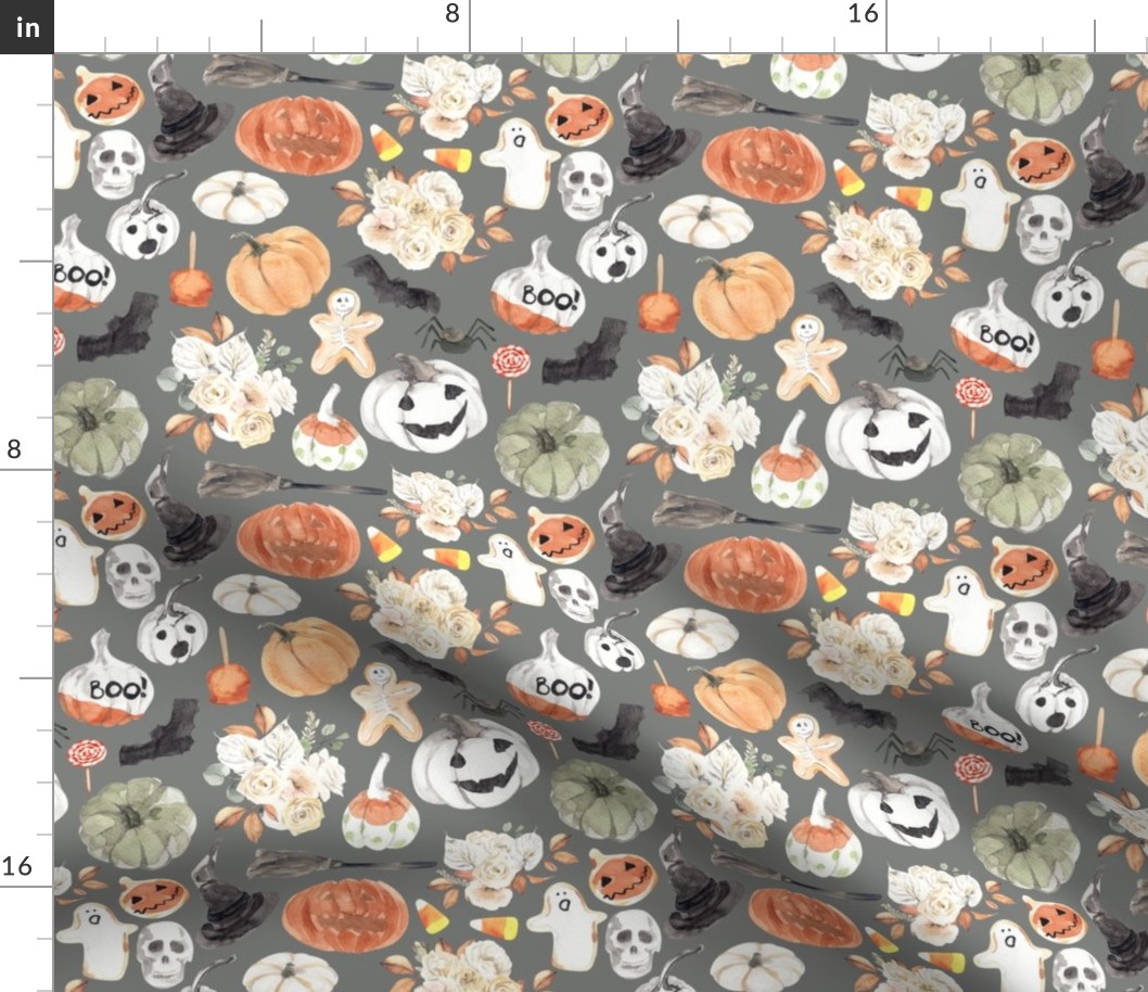 8" Spooky Little Halloween // Gray - Watercolor Ghost, Floral, Pumpkins, Cute