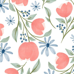 Large Blue Pink Vintage Watercolor Floral