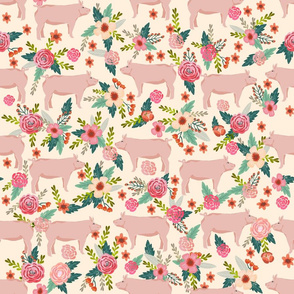 LARGE - pigs and florals fabric farmyard animals farm fabrics - cream