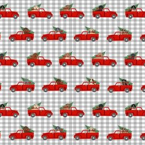SMALL - christmas dachshund red truck fabric - cute doxie fabric, cute dachshund fabric, dog fabric, dog design,  - grey check