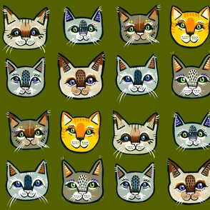 Kitty Cat Faces on Green