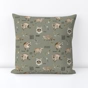 Watercolor Raccoons and Mudcloth // Granite Green