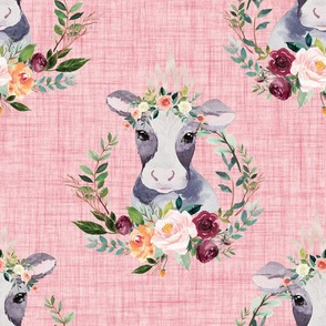 paprika floral cow on pink linen 6 inches