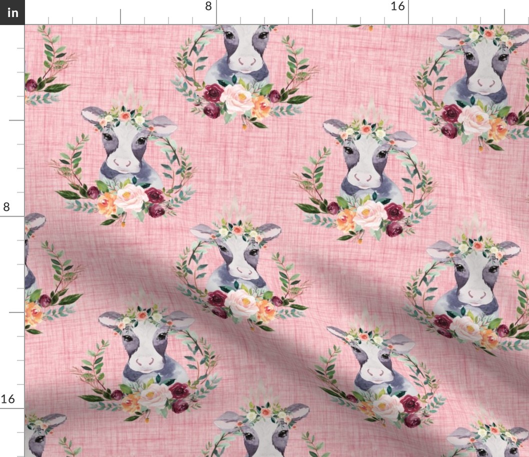 paprika floral cow on pink linen 6 inches