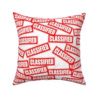 22 classified government military authorized confidential top secret security clearance privacy restricted mysterious privacy rubber stamp red ink pad documents files white background chop grunge distressed words seal pop art culture vintage retro current