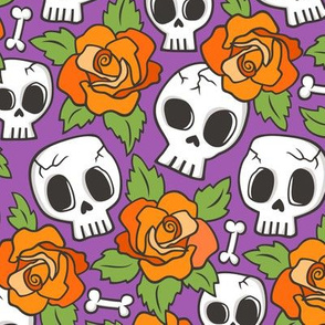 Skulls and Roses Halloween Fall Orange on Purple