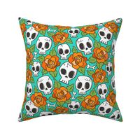 Skulls and Roses Halloween Fall Orange on Green Mint