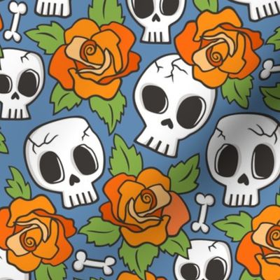 Skulls and Roses Halloween Fall Orange on Dark Blue Navy