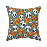 Skulls and Roses Halloween Fall Orange on Dark Blue Navy