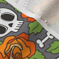 Skulls and Roses Halloween Fall Orange on Dark Grey