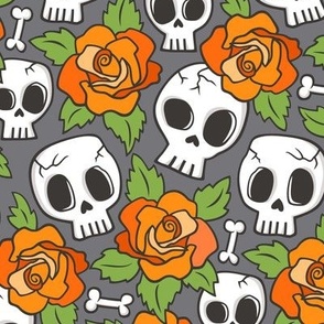 Skulls and Roses Halloween Fall Orange on Dark Grey