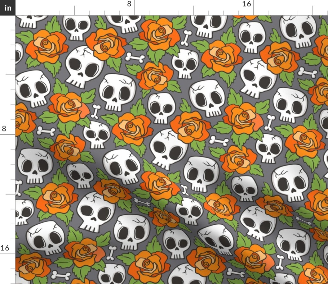 Skulls and Roses Halloween Fall Orange on Dark Grey