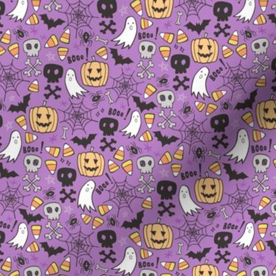 Halloween Doodle with Skulls,Bat,Pumpkin,Spiderweb,Ghost on Purple Tiny Small