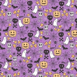 Halloween Doodle with Skulls,Bat,Pumpkin,Spiderweb,Ghost on Purple Tiny Small
