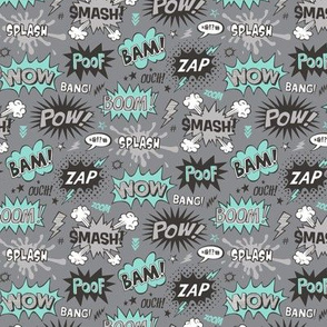 Superhero Comic Pop art Speech Bubbles Words Mint Green on Grey Smaller