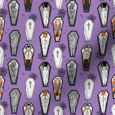 SMALL - Coffins illustration pattern dracula mummy frankenstein by andrea lauren purple