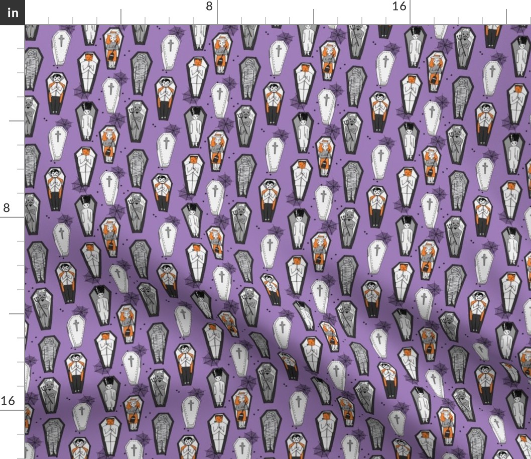 SMALL - Coffins illustration pattern dracula mummy frankenstein by andrea lauren purple