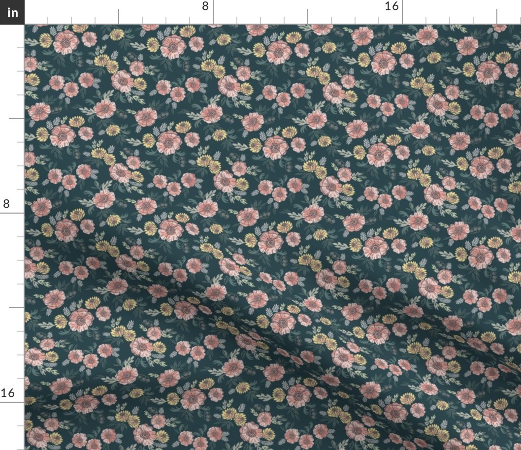 SMALL - sierra floral - block print floral fabric, woodcut floral, linocut floral fabric, block print fabric, andrea lauren design fabric, home decor fabric, interior design, floral  girls nursery fabric - blue