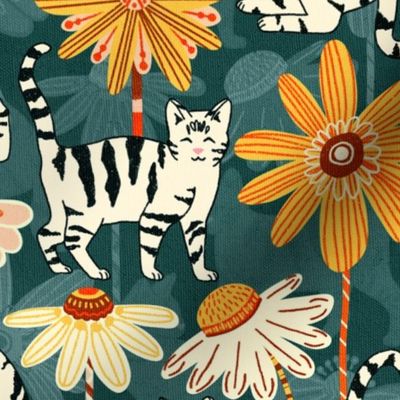 Daisy Cats - Teal (Large Version)