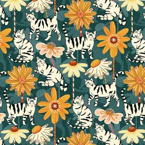 Daisy Cats - Teal (Large Version)